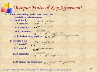 Copyright © 2006, Dr. Carlos Cordeiro and Prof Dharma P Agrawal, All rights reserved 32
j
IKIK BA )()( ∪
α
)( )( DICIK ∪
αϕ
α
)(
)(
)(
)( BA
jK
BA
IIKj
IIK
∪
∪
= αα ϕ
)()( )()(
)(
BIAIKDICIK
K
∪∪
= αϕαϕ
α
j
IKIK DC )()( ∪
α
)( )( BIAIK ∪
αϕ
α
)(
)(
)(
)( DC
jK
DC
IIKj
IIK
∪
∪
=αα ϕ
)()( )()(
)(
DICIKBIAIK
K
∪∪
= αϕαϕ
α
3. Each controlling node now sends the
partial key to its subgroup:
A. For all j ∈ IA
:
i. A sends Pj
:
ii. A sends Pj
:
iii. Pj
calculates
iv. Pj
derives the group key:
B. For all j ∈ ID
:
i. D sends Pj
:
ii. D sends Pj
:
iii. Pj
calculates
iv. Pj
derives the group key:
Octopus Protocol Key Agreement
 