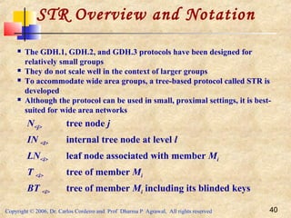 Copyright © 2006, Dr. Carlos Cordeiro and Prof Dharma P Agrawal, All rights reserved 40
STR Overview and Notation
N<j> tree node j
IN <l> internal tree node at level l
LN<i> leaf node associated with member Mi
T <i> tree of member Mi
BT <i> tree of member Mi including its blinded keys
 The GDH.1, GDH.2, and GDH.3 protocols have been designed for
relatively small groups
 They do not scale well in the context of larger groups
 To accommodate wide area groups, a tree-based protocol called STR is
developed
 Although the protocol can be used in small, proximal settings, it is best-
suited for wide area networks
 
