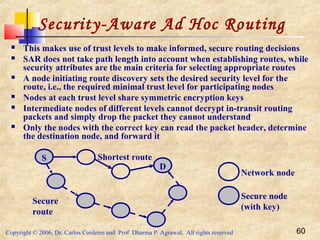 Copyright © 2006, Dr. Carlos Cordeiro and Prof Dharma P Agrawal, All rights reserved 60
Security-Aware Ad Hoc Routing
 This makes use of trust levels to make informed, secure routing decisions
 SAR does not take path length into account when establishing routes, while
security attributes are the main criteria for selecting appropriate routes
 A node initiating route discovery sets the desired security level for the
route, i.e., the required minimal trust level for participating nodes
 Nodes at each trust level share symmetric encryption keys
 Intermediate nodes of different levels cannot decrypt in-transit routing
packets and simply drop the packet they cannot understand
 Only the nodes with the correct key can read the packet header, determine
the destination node, and forward it
S
D
Secure
route
Shortest route
Network node
Secure node
(with key)
 