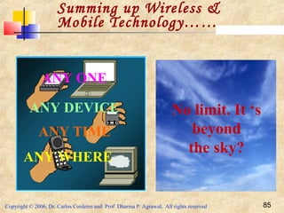 Copyright © 2006, Dr. Carlos Cordeiro and Prof Dharma P Agrawal, All rights reserved 85
Summing up Wireless &
Mobile Technology……
ANY TIME
ANY WHERE
ANY ONE
ANY DEVICE No limit. It ‘s
beyond
the sky?
 