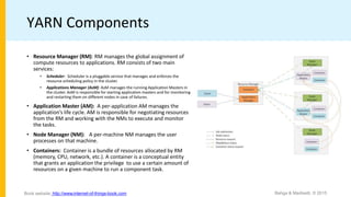 YARN Components
• Resource Manager (RM): RM manages the global assignment of
compute resources to applications. RM consists of two main
services:
• Scheduler: Scheduler is a pluggable service that manages and enforces the
resource scheduling policy in the cluster.
• Applications Manager (AsM): AsM manages the running Application Masters in
the cluster. AsM is responsible for starting application masters and for monitoring
and restarting them on different nodes in case of failures.
• Application Master (AM): A per-application AM manages the
application’s life cycle. AM is responsible for negotiating resources
from the RM and working with the NMs to execute and monitor
the tasks.
• Node Manager (NM): A per-machine NM manages the user
processes on that machine.
• Containers: Container is a bundle of resources allocated by RM
(memory, CPU, network, etc.). A container is a conceptual entity
that grants an application the privilege to use a certain amount of
resources on a given machine to run a component task.
Bahga & Madisetti, © 2015
Book website: http://www.internet-of-things-book.com
 