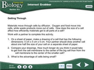 Interest Grabber ,[object Object],[object Object],[object Object],Section 10-1 1. On a sheet of paper, make a drawing of a cell that has the following dimensions: 5 cm x 5 cm x 5 cm. Your partner should draw another cell about one half the size of your cell on a separate sheet of paper.  2. Compare your drawings. How much longer do you think it would take to get from the cell membrane to the center of the big cell than from the  cell membrane to the center of the smaller cell? 3. What is the advantage of cells being small? 