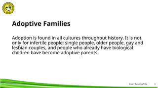 12
Adoptive Families
Adoption is found in all cultures throughout history. It is not
only for infertile people; single people, older people, gay and
lesbian couples, and people who already have biological
children have become adoptive parents.
Insert Running Title
 