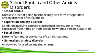 Insert Running Title 23
School Phobia and Other Anxiety
Disorders
• School phobia
Unrealistic fear of going to school; may be a form of separation
anxiety disorder or social phobia.
• Separation anxiety disorder
Condition involving excessive, prolonged anxiety concerning
separation from home or from people to whom a person is attached.
• Social phobia
Extreme fear and/or avoidance of social situations.
• Generalized anxiety disorder
Anxiety not focused on any single target.
 