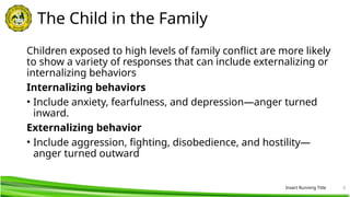 Insert Running Title 6
The Child in the Family
Children exposed to high levels of family conflict are more likely
to show a variety of responses that can include externalizing or
internalizing behaviors
Internalizing behaviors
• Include anxiety, fearfulness, and depression—anger turned
inward.
Externalizing behavior
• Include aggression, fighting, disobedience, and hostility—
anger turned outward
 