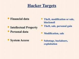 Hacker Targets
 Financial data
 Intellectual Property
 Personal data
 System Access
 Theft, modification or sale,
blackmail
 Theft, sale, personal gain
 Modification, sale
 Sabotage, backdoors,
exploitation
 