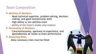 Team Composition
 Abilities of Members
– Need technical expertise, problem-solving, decision-
making, and good interpersonal skills
– High ability vs low abilities team
– Ability of the team’s leader also matters
 Personality of Members
– Conscientiousness, openness to experience, and
agreeableness all relate to team performance
 Allocating Roles
- Many necessary roles must be filled
 