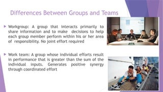 Differences Between Groups and Teams
 Workgroup: A group that interacts primarily to
share information and to make decisions to help
each group member perform within his or her area
of responsibility. No joint effort required
 Work team: A group whose individual efforts result
in performance that is greater than the sum of the
individual inputs. Generates positive synergy
through coordinated effort
 