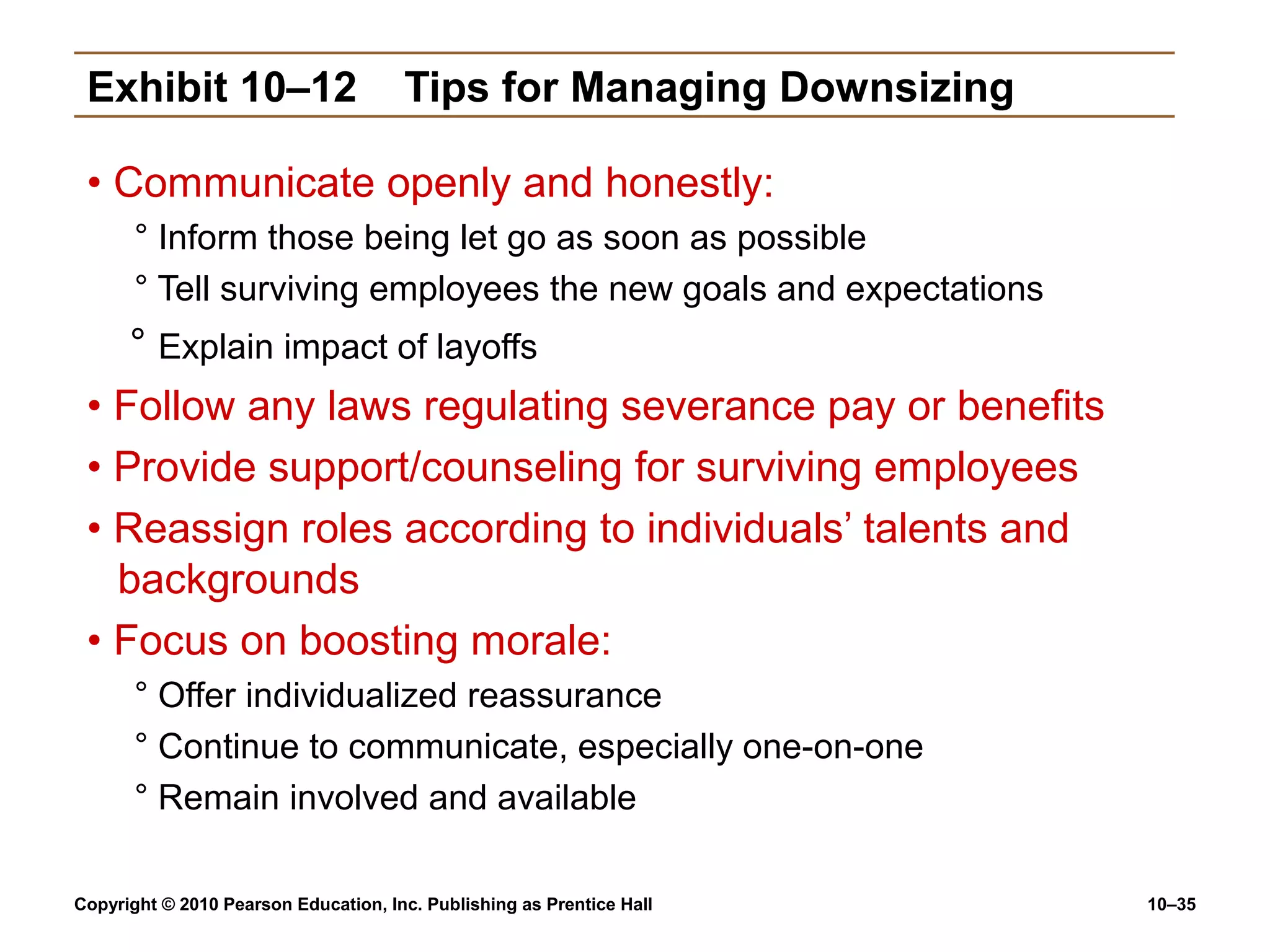 Exhibit 10–12

Tips for Managing Downsizing

• Communicate openly and honestly:
° Inform those being let go as soon as possible
° Tell surviving employees the new goals and expectations

° Explain impact of layoffs
• Follow any laws regulating severance pay or benefits
• Provide support/counseling for surviving employees
• Reassign roles according to individuals’ talents and
backgrounds
• Focus on boosting morale:
° Offer individualized reassurance
° Continue to communicate, especially one-on-one
° Remain involved and available
Copyright © 2010 Pearson Education, Inc. Publishing as Prentice Hall

10–35

 