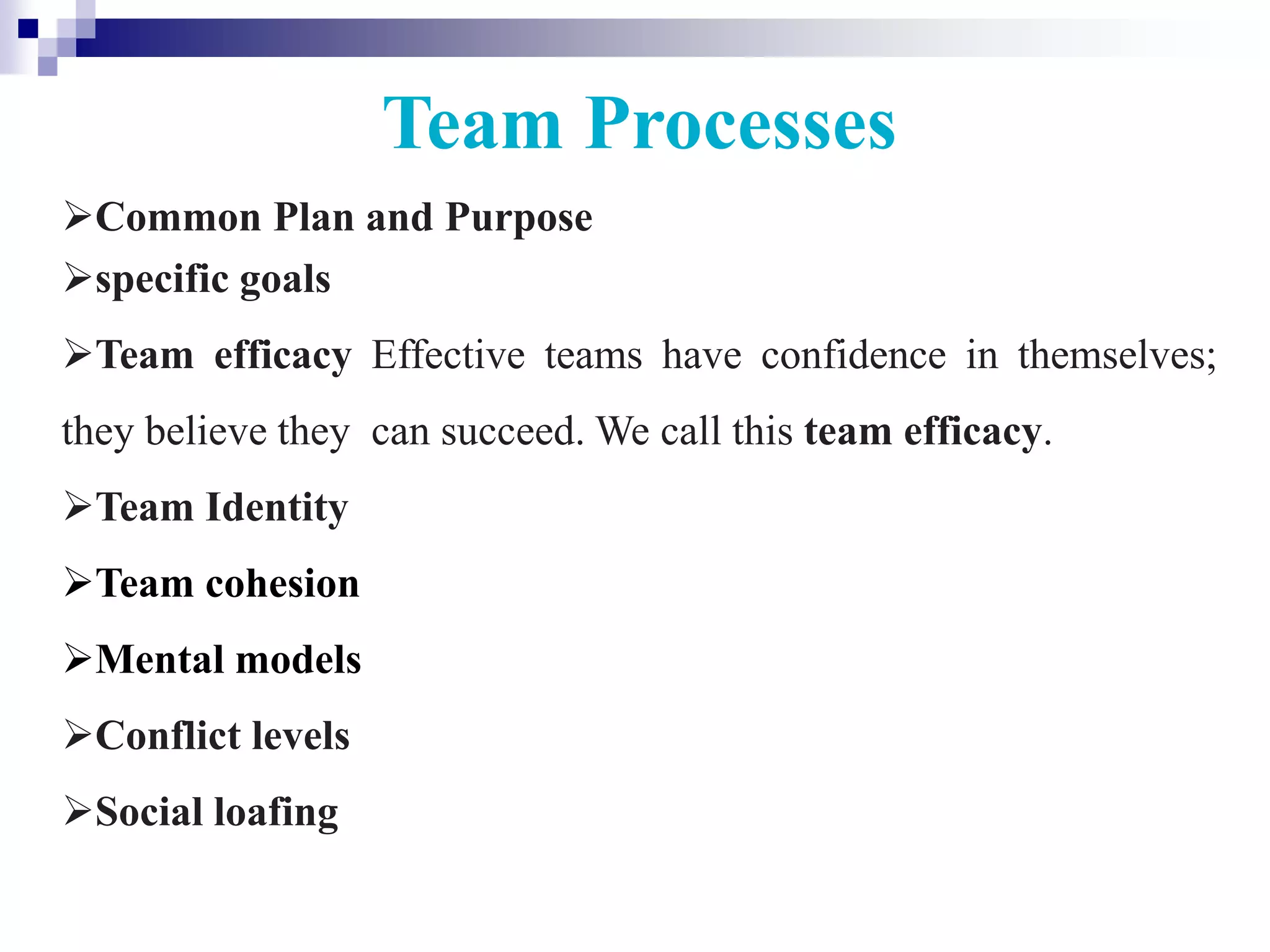 Team Processes
Common Plan and Purpose
specific goals
Team efficacy Effective teams have confidence in themselves;
they believe they can succeed. We call this team efficacy.
Team Identity
Team cohesion
Mental models
Conflict levels
Social loafing
 