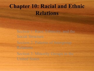 Chapter 10: Racial and Ethnic Relations Section 1: Race, Ethnicity, and the Social Structure Section 2: Patterns of Intergroup Relations Section 3: Minority Groups in the United States 