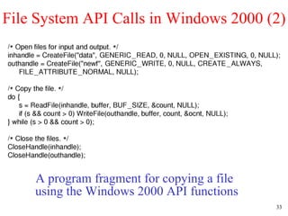 File System API Calls in Windows 2000 (2) A program fragment for copying a file using the Windows 2000 API functions 