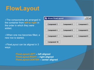 FlowLayout
The components are arranged in
the container from left to right in
the order in which they were
added.
When one row becomes filled, a
new row is started.
FlowLayout can be aligned in 3
ways:
FlowLayout.LEFT – left aligned
FlowLayout.RIGHT – right aligned
FlowLayout.CENTER – center aligned
 