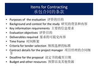 Items for Contracting 承包合同的条款 Purposes of  the evaluation  评价的目的 Background and context for the study  研究的背景和内容 Key information requirements  主要的信息要求 Evaluation objectives  评价目的 Deliverables required  要求的可提交内容 Time frame  时间框架 Criteria for tender selection  细致选择的标准 Contract details for the project manager  项目经理的合同细节 Deadline for the proposal  议定书的截至日期 Budget and other resources  预算以及其他资源 