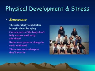 Physical Development & Stress <ul><li>Senescence </li></ul><ul><li>The natural physical decline brought about by aging </l...