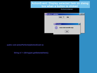 import java.awt.*;
import javax.swing.*;
import java.awt.event.*;
public class UjiActionEventComboBox extends JFrame implements ActionListener
{
JComboBox jcb = new JComboBox();
JButton btg = new JButton("Klik");
public UjiActionEventComboBox()
{
super("Membuat combobox");
Container bekas = getContentPane();
bekas.setLayout(new FlowLayout());
jcb.addItem("wira");
jcb.addItem("waja");
btg.addActionListener(this);
bekas.add(jcb);
bekas.add(btg);
setSize(400,200);
setVisible(true);
}
public void actionPerformed(ActionEvent e)
{
if (e.getSource()== btg)
{
String s1 = (String)jcb.getSelectedItem();
JOptionPane.showMessageDialog(this,"Anda telah memilih "+s1,“
Maklumat",JOptionPane.INFORMATION_MESSAGE);
}
}
public static void main(String[] arg)
{
UjiActionEventComboBox teks = new UjiActionEventComboBox();
teks.setDefaultCloseOperation(JFrame.EXIT_ON_CLOSE);
}
ActionEvent: Display selected item on dialog
box when a button is clicked
 