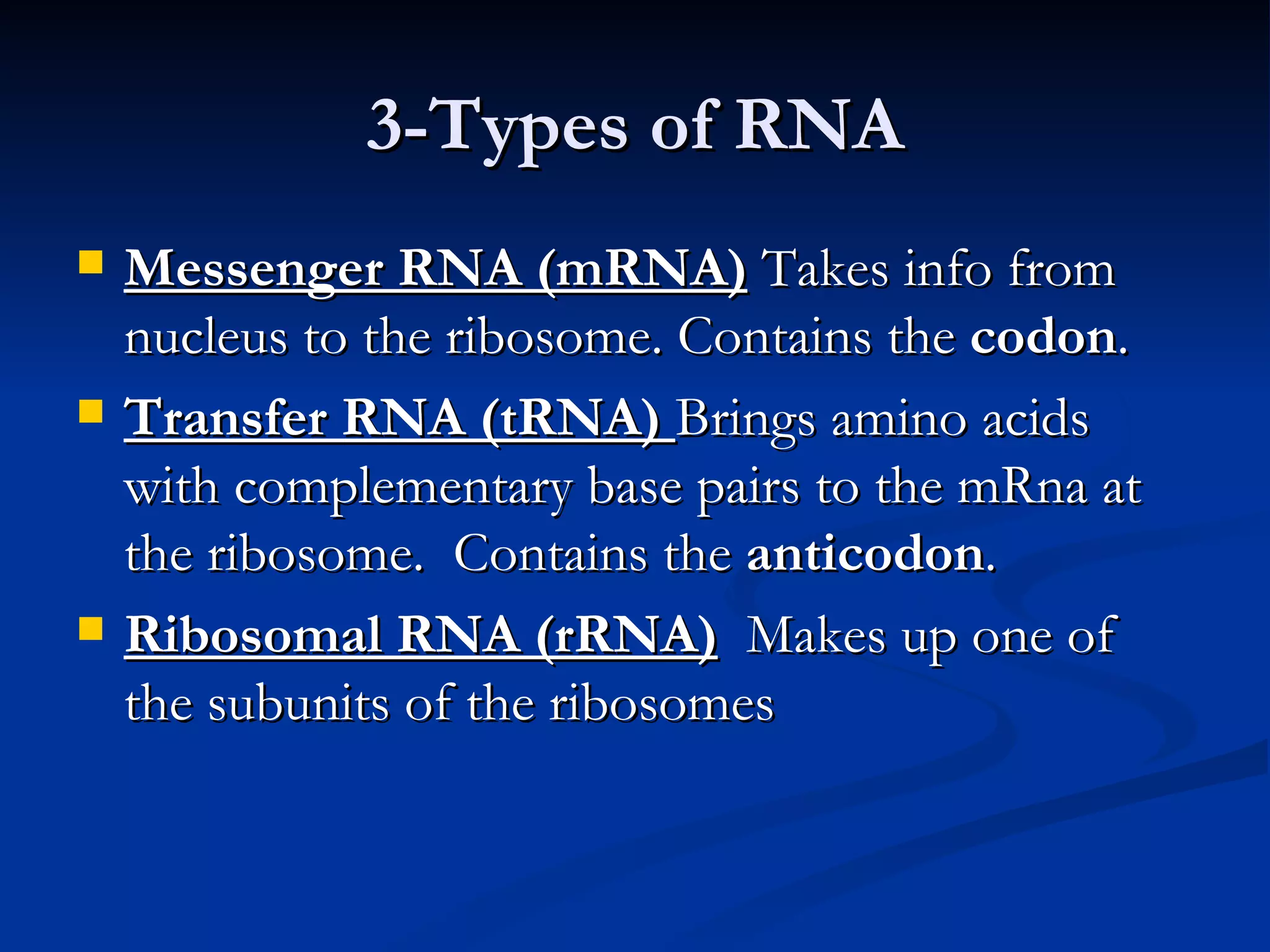 3-Types of RNA Messenger RNA (mRNA)  Takes info from nucleus to the ribosome. Contains the  codon . Transfer RNA (tRNA)  Brings amino acids with complementary base pairs to the mRna at the ribosome.  Contains the  anticodon . Ribosomal RNA (rRNA)   Makes up one of the subunits of the ribosomes 
