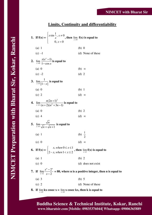 MCA / NIMCET Preparation 2023 / 2024 Limits, Continuity and