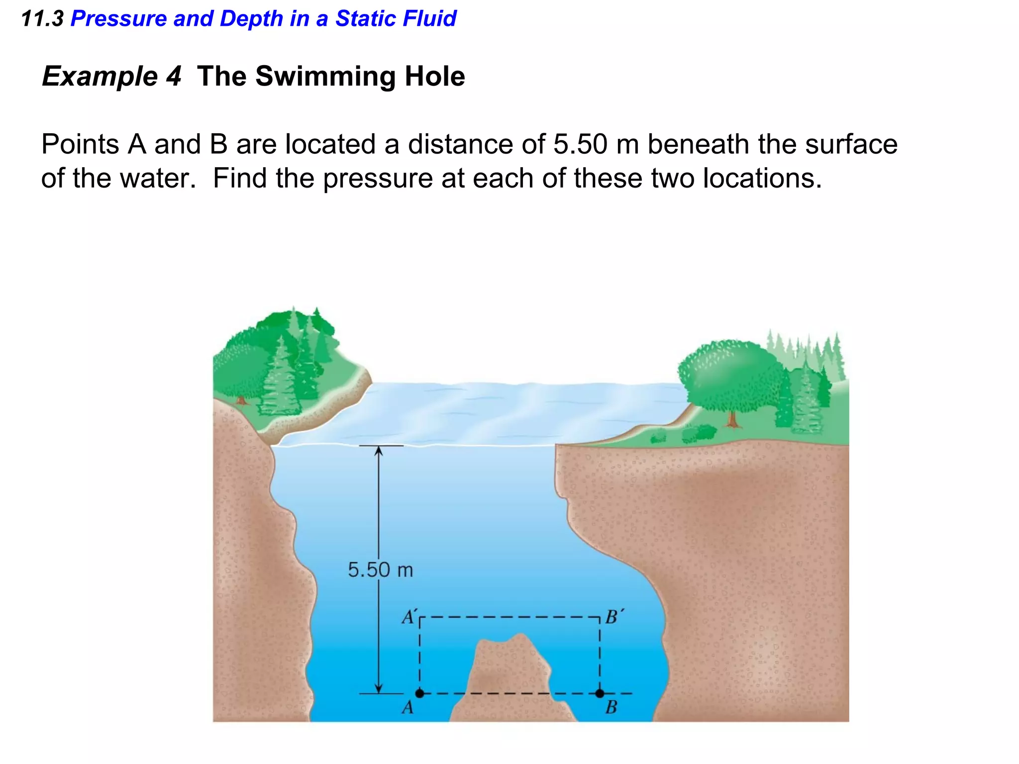 11.3  Pressure and Depth in a Static Fluid Example 4  The Swimming Hole Points A and B are located a distance of 5.50 m beneath the surface  of the water.  Find the pressure at each of these two locations. 