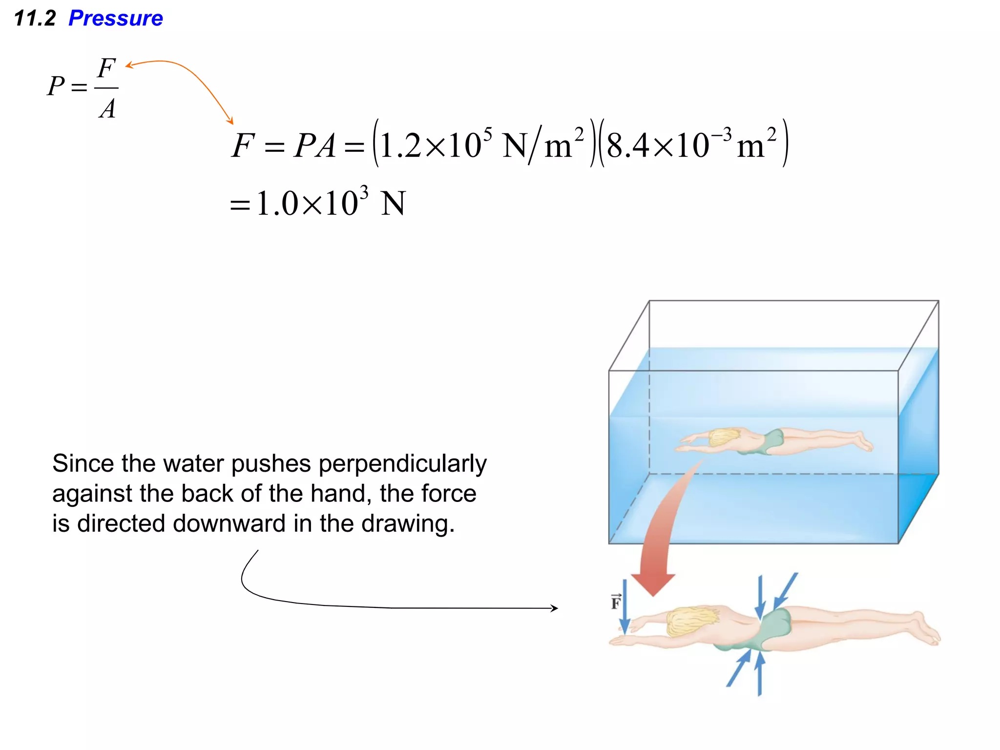 11.2  Pressure Since the water pushes perpendicularly  against the back of the hand, the force is directed downward in the drawing. 