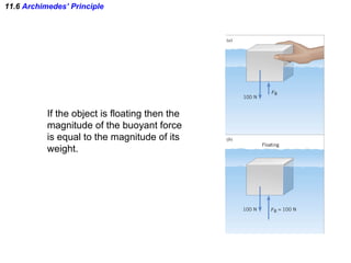 11.6  Archimedes’ Principle If the object is floating then the  magnitude of the buoyant force is equal to the magnitude of its weight. 