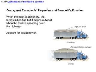 11.10  Applications of   Bernoulli’s Equation Conceptual Example 14  Tarpaulins and Bernoulli’s Equation When the truck is stationary, the  tarpaulin lies flat, but it bulges outward when the truck is speeding down the highway. Account for this behavior. 