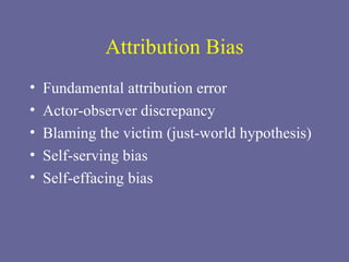 Attribution Bias Fundamental attribution error Actor-observer discrepancy Blaming the victim (just-world hypothesis) Self-serving bias Self-effacing bias 