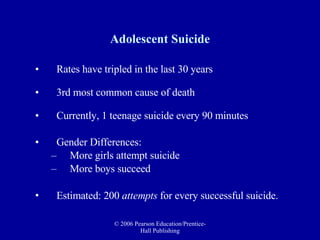 Adolescent Suicide Rates have tripled in the last 30 years  3rd most common cause of death  Currently, 1 teenage suicide every 90 minutes Gender Differences: More girls attempt suicide More boys succeed Estimated: 200  attempts  for every successful suicide.   