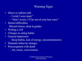 Warning Signs   Direct or indirect talk  I wish I were dead.” “ Don’t worry, I’ll be out of your hair soon.” School difficulties  Missed classes, drop in grades Writing a will Changes in eating habits General depression Sleep habits, lack of energy, uncommunicative Dramatic behavior changes Preoccupation with death Art, music, conversation 