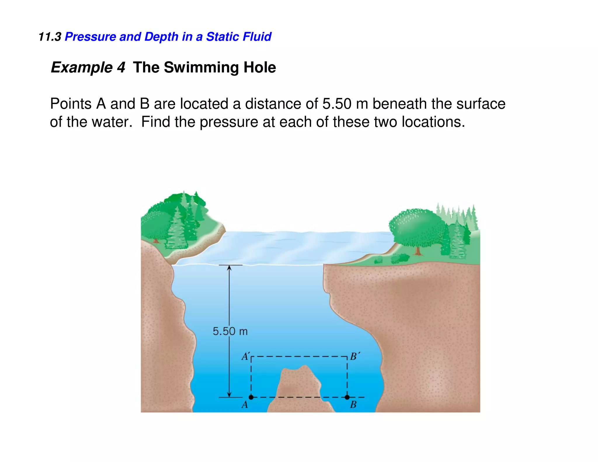 11.3 Pressure and Depth in a Static Fluid

  Example 4 The Swimming Hole

  Points A and B are located a distance of 5.50 m beneath the surface
  of the water. Find the pressure at each of these two locations.
 