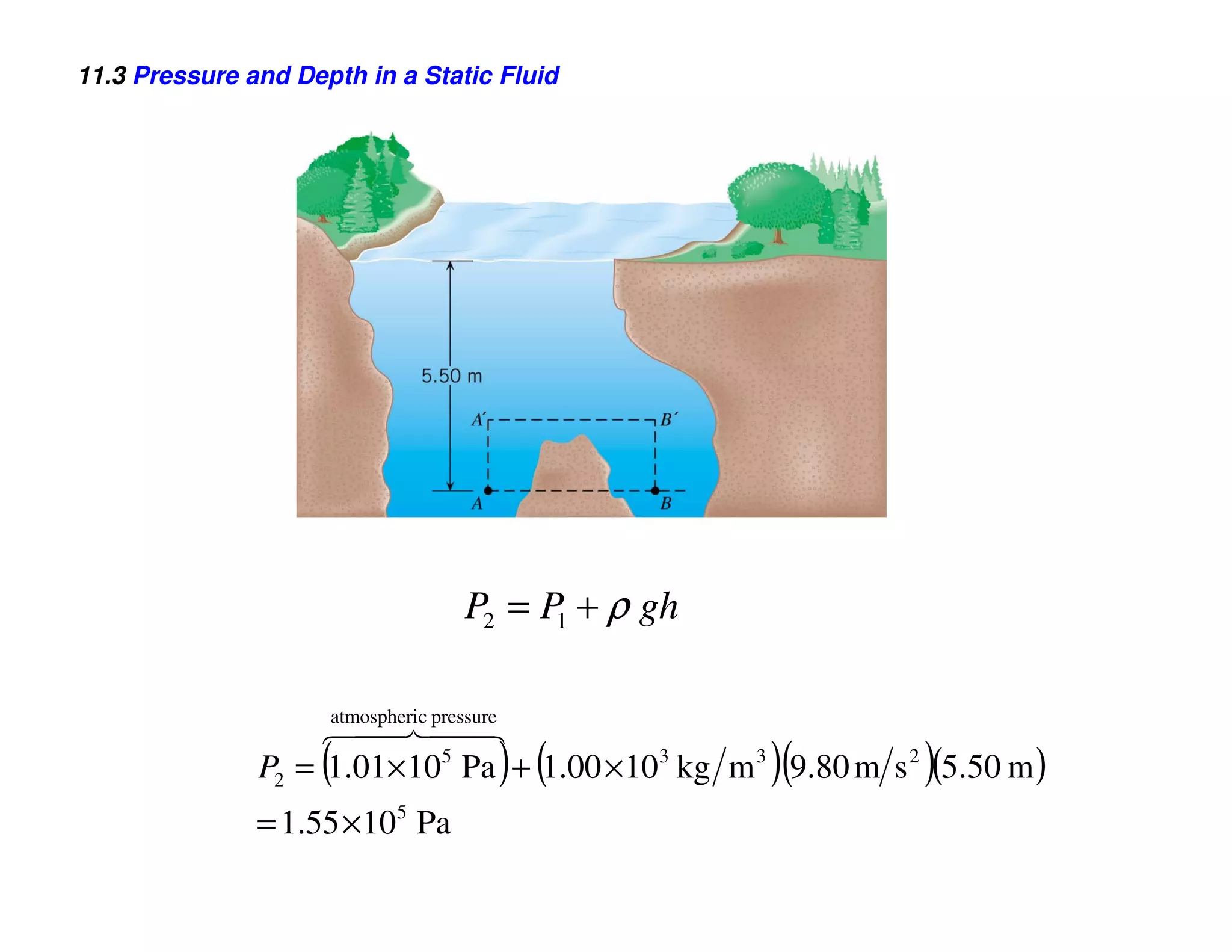 11.3 Pressure and Depth in a Static Fluid




                                 P2 = P + ρ gh
                                       1



                    atmospheric pressure
                    64 744
                        4            8
                    (              ) (              )(         )
               P2 = 1.01× 105 Pa + 1.00 ×103 kg m 3 9.80 m s 2 (5.50 m )
               = 1.55 × 105 Pa
 