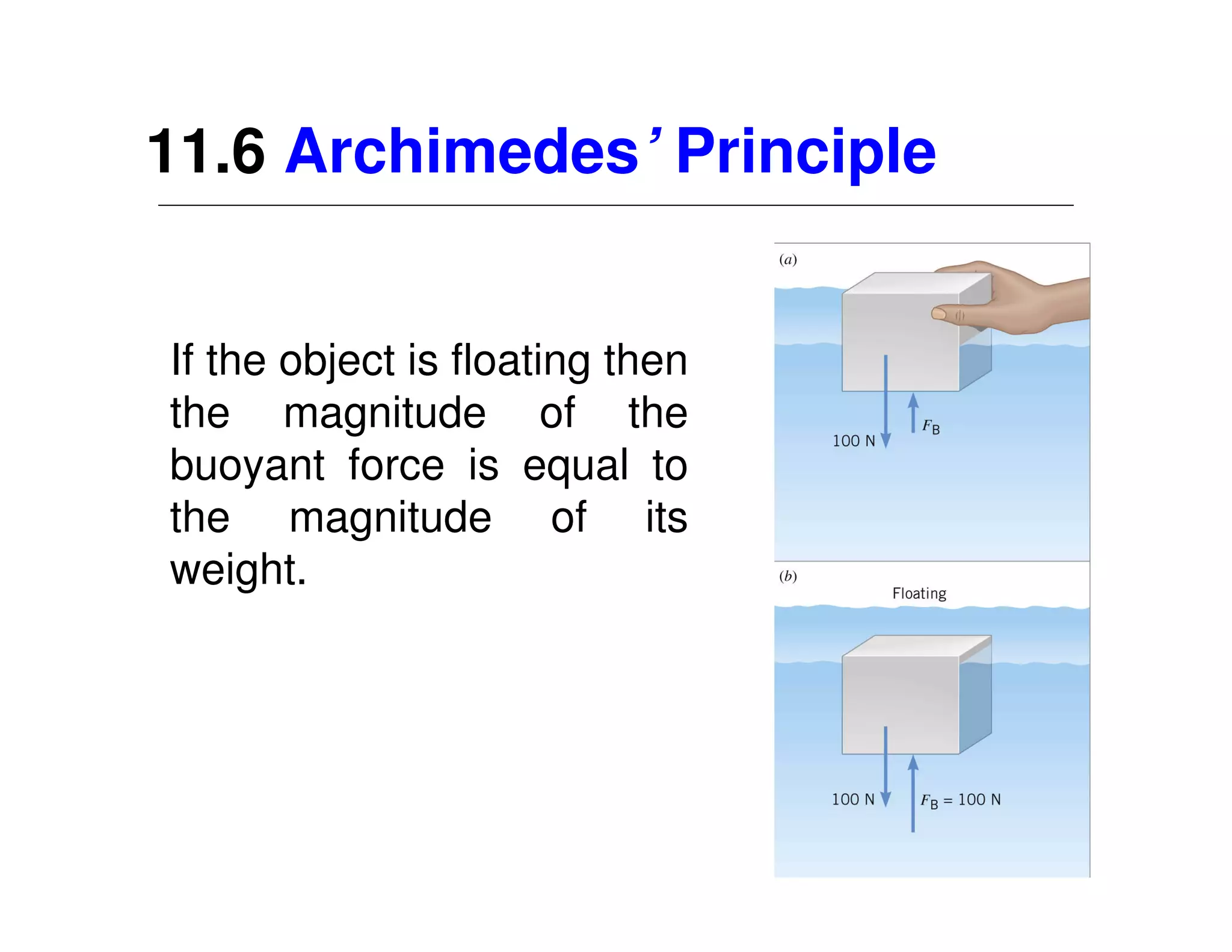 11.6 Archimedes’ Principle


If the object is floating then
the magnitude of the
buoyant force is equal to
the magnitude of its
weight.
 