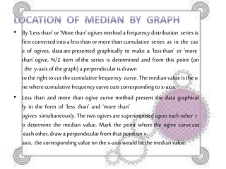• By ‘Less than’ or‘More than’ ogives methoda frequency distribution series is
first converted into a less than ormorethan cumulative series as in the cas
e of ogives, data arepresented graphically to make a ‘less than’ or ‘more
than’ ogive, N/2 item of the series is determined and from this point (on
the y-axis of the graph)a perpendicular is drawn
to the right to cut the cumulative frequency curve.The medianvalue is the o
newhere cumulative frequency curvecuts corresponding to x-axis.
• Less than and more than ogive curve method present the data graphical
ly in the form of ‘less than’ and ‘more than’
ogives simultaneously. The two ogives aresuperimposed upon eachother t
o determine the median value. Mark the point where the ogive curvecut
each other, draw a perpendicular from that point on x-
axis, the corresponding value on the x-axis would be the median value.
 