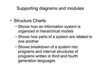 Supporting diagrams and modules Structure Charts Shows how an information system is organized in hierarchical models Shows how parts of a system are related to one another Shows breakdown of a system into programs and internal structures of programs written in third and fourth generation languages 