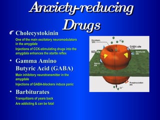 Anxiety-reducing Drugs Cholecystokinin One of the main excitatory neuromodulators in the amygdale Injections of CCK-stimulating drugs into the amygdala enhances the startle reflex Gamma Amino Butyric Acid (GABA) Main inhibitory neurotransmitter in the amygdale Injections of GABA-blockers induce panic Barbiturates Tranquilizers of years back Are addicting & can be fatal  