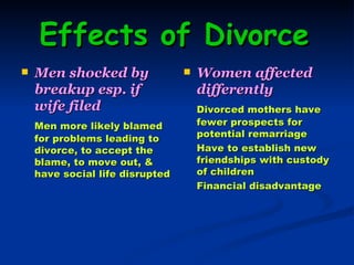 Effects of Divorce   Men shocked by breakup esp. if wife filed Men more likely blamed for problems leading to divorce, to accept the blame, to move out, & have social life disrupted Women affected differently Divorced mothers have fewer prospects for potential remarriage Have to establish new friendships with custody of children Financial disadvantage 