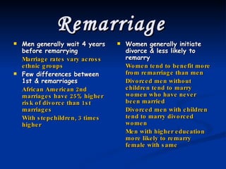 Remarriage   Men generally wait 4 years before remarrying Marriage rates vary across ethnic groups Few differences between 1st & remarriages African American 2nd marriages have 25% higher risk of divorce than 1st marriages With stepchildren, 3 times higher   Women generally initiate divorce & less likely to remarry Women tend to benefit more from remarriage than men Divorced men without children tend to marry women who have never been married Divorced men with children tend to marry divorced women Men with higher education more likely to remarry female with same   
