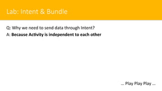 Lab: Intent & Bundle
Q: Why we need to send data through Intent?
A: Because Ac)vity is independent to each other
… Play Play Play …
 
