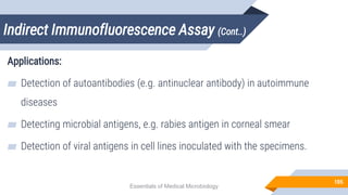 Indirect Immunofluorescence Assay (Cont..)
105
Applications:
▰ Detection of autoantibodies (e.g. antinuclear antibody) in autoimmune
diseases
▰ Detecting microbial antigens, e.g. rabies antigen in corneal smear
▰ Detection of viral antigens in cell lines inoculated with the specimens.
Essentials of Medical Microbiology
 