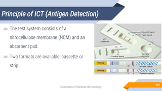 Principle of ICT (Antigen Detection)
124
▰ The test system consists of a
nitrocellulose membrane (NCM) and an
absorbent pad.
▰ Two formats are available: cassette or
strip.
Essentials of Medical Microbiology
 
