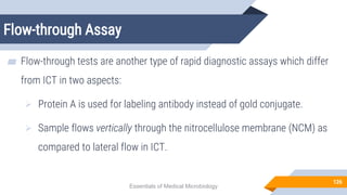 Flow-through Assay
126
▰ Flow-through tests are another type of rapid diagnostic assays which differ
from ICT in two aspects:
 Protein A is used for labeling antibody instead of gold conjugate.
 Sample flows vertically through the nitrocellulose membrane (NCM) as
compared to lateral flow in ICT.
Essentials of Medical Microbiology
 