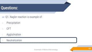 Questions:
130
▰ Q1. Nagler reaction is example of:
a. Precipitation
b. CFT
c. Agglutination
d. Neutralization
Essentials of Medical Microbiology
 