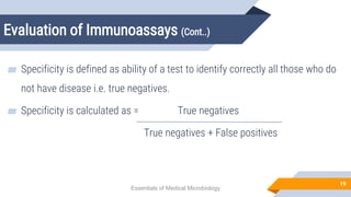 Evaluation of Immunoassays (Cont..)
19
▰ Specificity is defined as ability of a test to identify correctly all those who do
not have disease i.e. true negatives.
▰ Specificity is calculated as = True negatives
True negatives + False positives
Essentials of Medical Microbiology
 