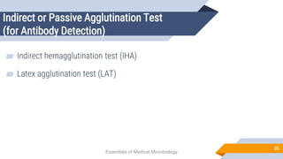Indirect or Passive Agglutination Test
(for Antibody Detection)
35
▰ Indirect hemagglutination test (IHA)
▰ Latex agglutination test (LAT)
Essentials of Medical Microbiology
 