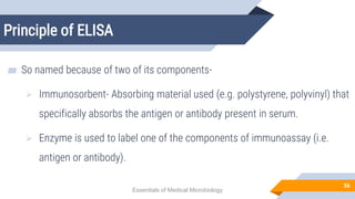 Principle of ELISA
56
▰ So named because of two of its components-
 Immunosorbent- Absorbing material used (e.g. polystyrene, polyvinyl) that
specifically absorbs the antigen or antibody present in serum.
 Enzyme is used to label one of the components of immunoassay (i.e.
antigen or antibody).
Essentials of Medical Microbiology
 