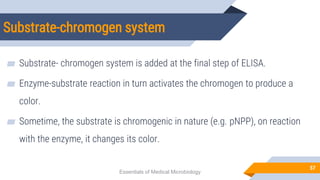Substrate-chromogen system
57
▰ Substrate- chromogen system is added at the final step of ELISA.
▰ Enzyme-substrate reaction in turn activates the chromogen to produce a
color.
▰ Sometime, the substrate is chromogenic in nature (e.g. pNPP), on reaction
with the enzyme, it changes its color.
Essentials of Medical Microbiology
 