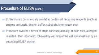 Procedure of ELISA (Cont..)
61
▰ ELISA kits are commercially available; contain all necessary reagents (such as
enzyme conjugate, dilution buffer, substrate/chromogen, etc).
▰ Procedure involves a series of steps done sequentially; at each step, a reagent
is added - then incubated, followed by washing of the wells [manually or by an
automated ELISA washer.
Essentials of Medical Microbiology
 