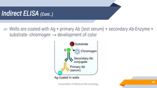 Indirect ELISA (Cont..)
68
▰ Wells are coated with Ag + primary Ab (test serum) + secondary Ab-Enzyme +
substrate- chromogen → development of color
Essentials of Medical Microbiology
 