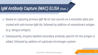 IgM Antibody Capture (MAC) ELISA (Cont..)
73
▰ Based on capturing primary IgM Ab (in test serum) on a microtiter plate pre-
coated with anti-human-IgM Ab, followed by addition of recombinant antigen
(e.g. dengue antigen).
▰ Subsequently, enzyme labelled secondary antibody specific for the antigen is
added, followed by addition of substrate-chromogen system.
Essentials of Medical Microbiology
 