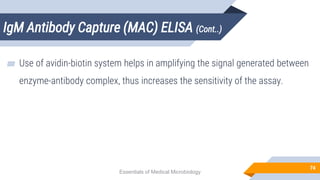 IgM Antibody Capture (MAC) ELISA (Cont..)
74
▰ Use of avidin-biotin system helps in amplifying the signal generated between
enzyme-antibody complex, thus increases the sensitivity of the assay.
Essentials of Medical Microbiology
 